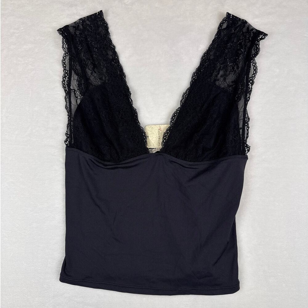 NWT Free People Power Play Cami Black Lace V Neck Ribbed Tank Size Medium